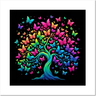 Neon Rainbow Butterfly Tree Watercolor Design Posters and Art